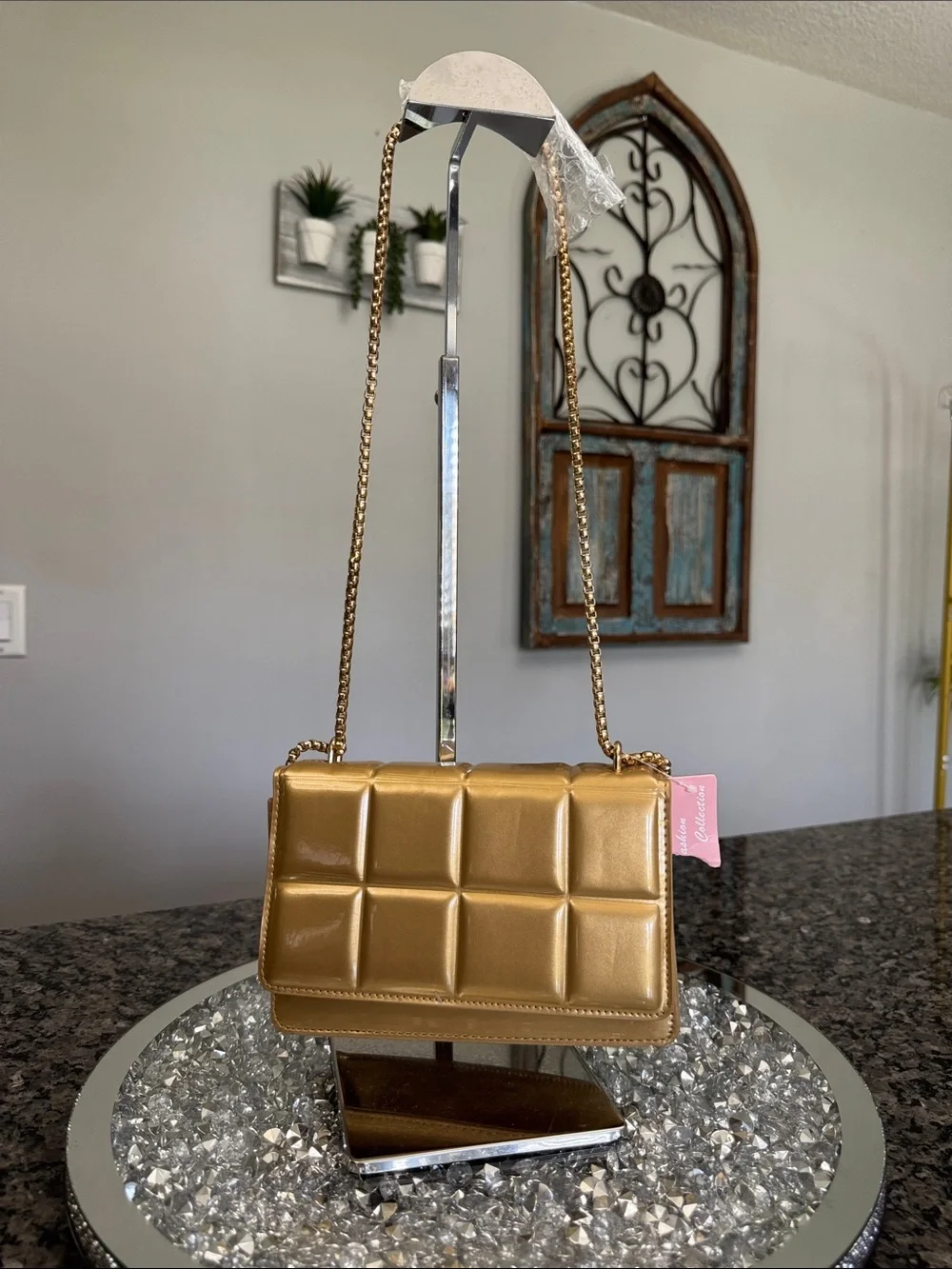 Metallic Gold Quilted shoulder clutch Bag with Chain Strap NWT